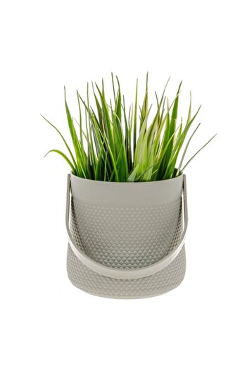SHOPIENS Decorative pot made of beige plastic with handle and green leaf grass, Shopiens®, 11 x 18 cm