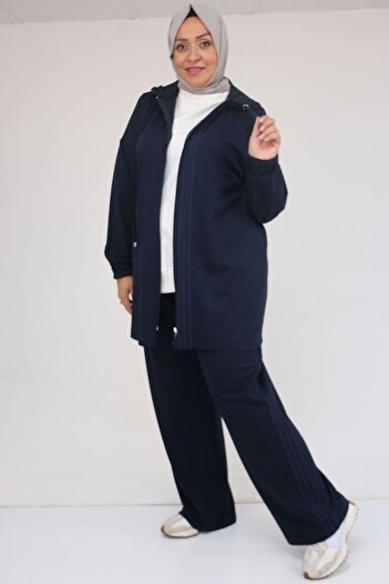 Eslina 57056 Plus Size Color Garnished Modal Trouser Suit - Navy Blue