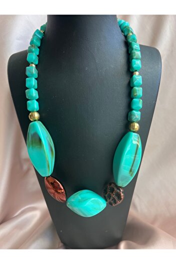 COCOSH TAKI Turquoise Color Stone Brown Detailed Special Design Multi Necklace