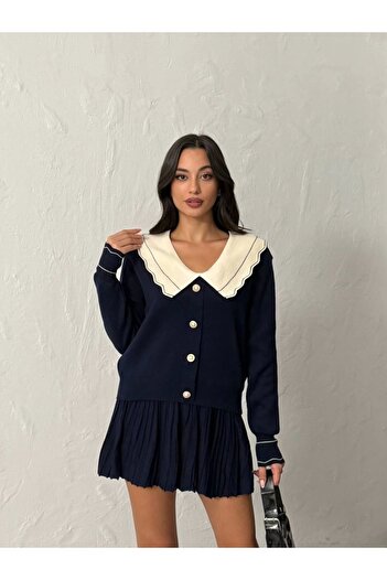 Lusin Women's Navy Blue Stylish Collar Detailed Cardigan Blouse Skirt Bottom Top Two-Piece Set (New Color)