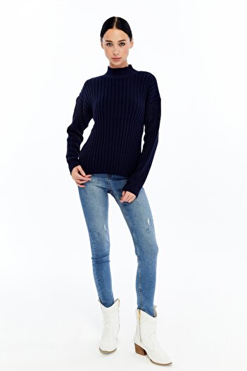 MA ananas Women's Navy Blue Sleeve Mesh Sweater Ma901