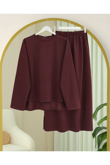 Modamorfo Two-Strap Combed Cotton Suit with Long Slit Skirt on the Back - Burgundy