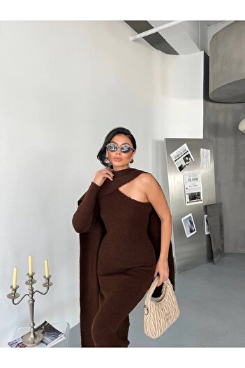 Julidress One-Shoulder Midi Knit Dress with Shawl Detail