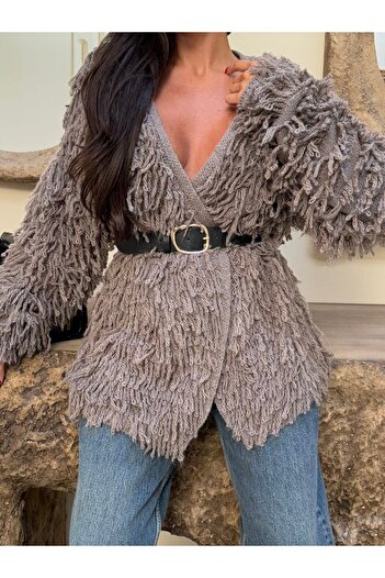 Julidress Anthracite Tasseled Premium Knitwear Wool Cardigan