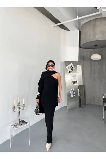 Julidress Black Shawl Detailed One Shoulder Maxi Long Knitwear Wool Dress