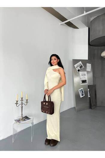 Julidress Cream Shawl Detailed One Shoulder Maxi Long Knitwear Dress