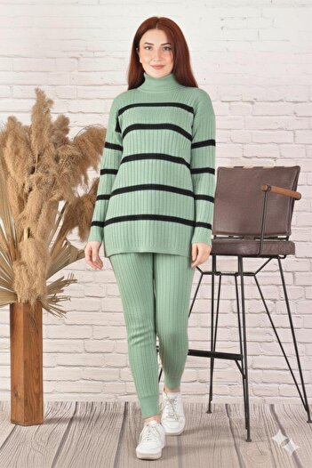 Şule Giyim Two-Color Seasonal Thin Fabric Knitwear Suit Green
