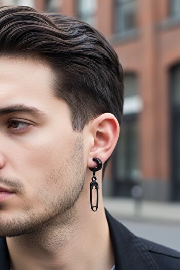 Lynare Compression Holeless Forked Needle Figured Dangle Men Women Unisex Steel Black Earrings 1 Piece
