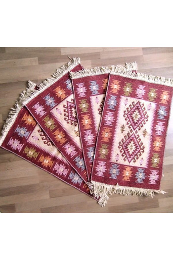 OMS Set 4 Traditional Woven Rugs, Jute, Two-sided, Dimensions 60x90cm, Red, ROMB Model