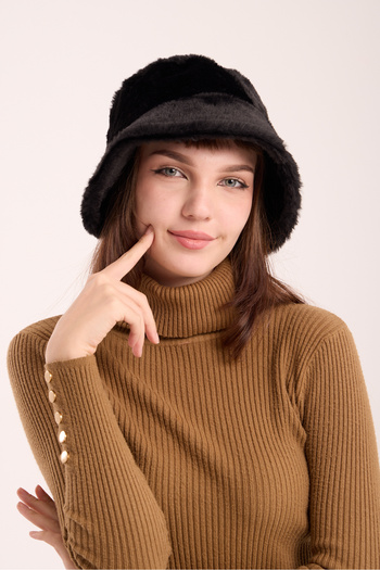 OX-RA Black Women's Plush Bucket Model Fisherman Bucket Hat Winter Hat