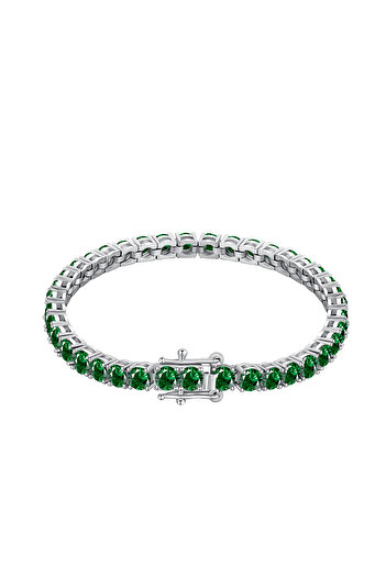 levandore Lev. Bracelet Tennis Round Green Diamond, Sterling Silver, Rhodium Plated