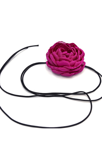 Corizmi Magenta veil rose flower choker necklace with cord, handmade, Fantasy