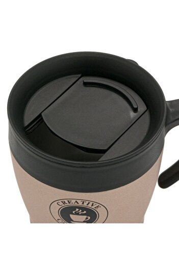 SHOPIENS Golden metal mug with black logo, handle and plastic lid with pour spout, 350 ml
