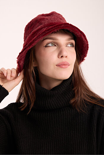 OX-RA Burgundy Women's Plush Bucket Model Fisherman Bucket Hat Winter Hat