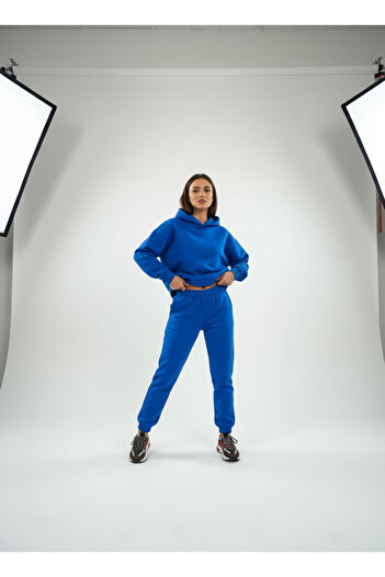ClubSpaceAstro Women's 2 Thread Ribbed Hooded Top and Bottom Tracksuit Set – No Knee Blue