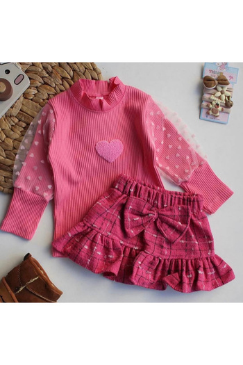 kokosh _ kidss burcu sapmaz Girls' Plaid Patterned Tulle Sleeved Skirt Blouse Set