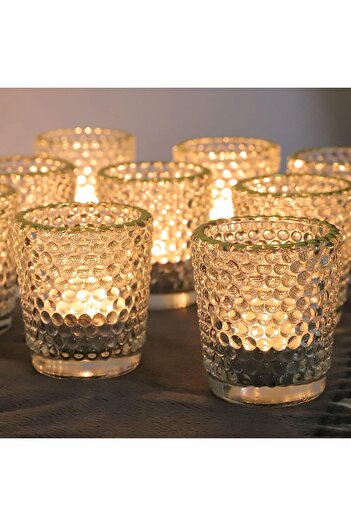 OEM Set 12 pahare suport pentru lumanari decorative, din sticla, transparente, cu gura aurie