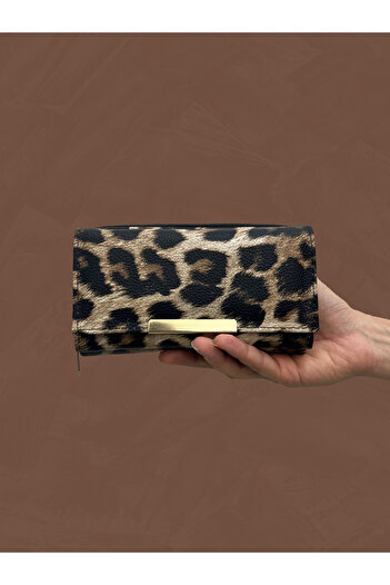 shiny ever Black Cream Leopard Patterned Leather Women's Wallet with Gold Detail