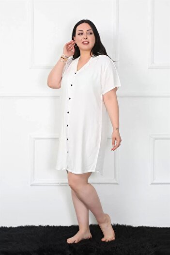 emosavm Fashion Plus Size Woven Buttoned White Tunic Nightgown