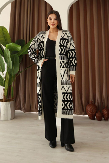 bacc Ecru Patterned Fringed Long Knit Cardigan Bces-253001