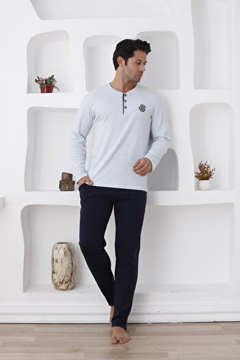 Lohussa Men's Gray Long Sleeve Thick Winter Buttoned Pocketed Paca 100% Cotton Pajama Set
