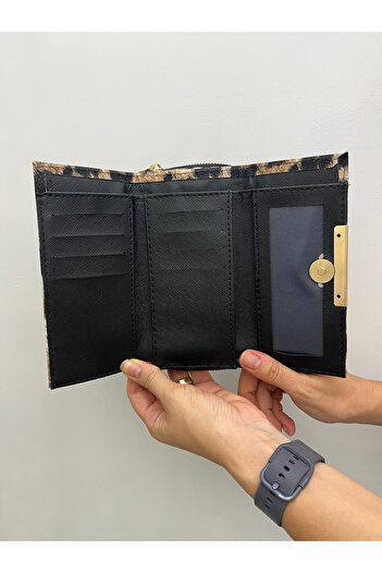 shiny ever Black Cream Leopard Patterned Leather Women's Wallet with Gold Detail