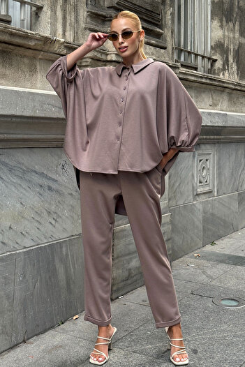 bacc Mink Asymmetric Cut Shirt and Double Leg Pants Soft Textured Modal Bottom Top Set Bcvl-25V216