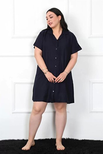 emosavm Fashion Plus Size Woven Buttoned Navy Blue Tunic Nightgown