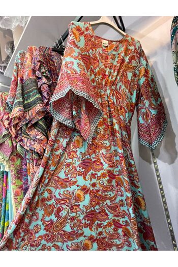 MODAGK Ethnic Patterned Kaftan Imported Silk Dress - Orange Turquoise
