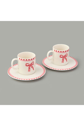 MATMEL Kitchen Ribbon 2-Piece Porcelain Coffee Cup Set - Pink / White - 110 ml