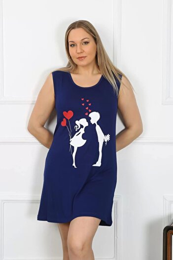 emosavm Fashion Women's Plus Size Thick Strap Combed Cotton Above Knee Navy Blue Nightgown