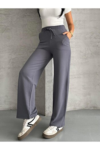 FERZOLAİO Ribbed Wide Leg Anthracite Bottom Tracksuit
