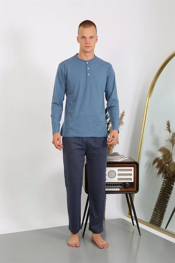 emosavm Fashion Men's Combed Cotton Long Sleeve Pajama Set Indigo