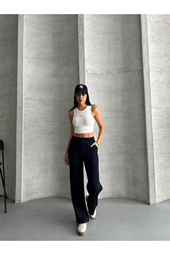 FERZOLAİO Ribbed Wide-Leg Navy Blue Bottom Tracksuit