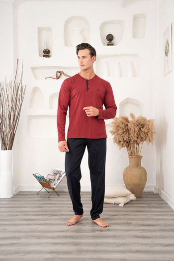 Lohussa Men's Plus Size Burgundy Classic Long Sleeve Buttoned Pocketed 100% Cotton Seasonal Pajama Set