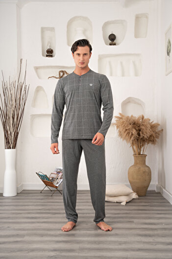 Lohussa Men's Plus Size Smoked Plaid Long Sleeve Buttoned Pocketed 100% Cotton Seasonal Pajama Set