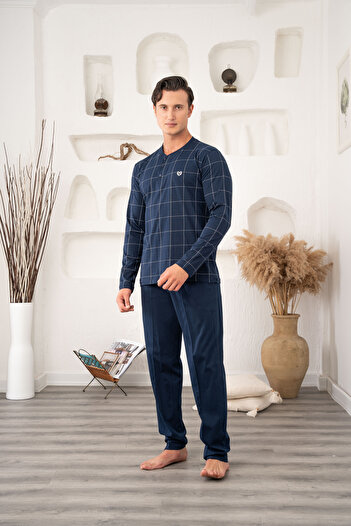 Lohussa Men's Plus Size Navy Blue Plaid Long Sleeve Buttoned Pocketed 100% Cotton Seasonal Pajama Set