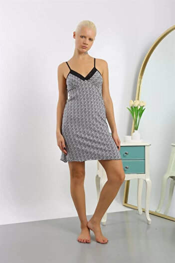 emosavm Fashion Women's Combed Cotton Patterned Rope Strap Nightgown