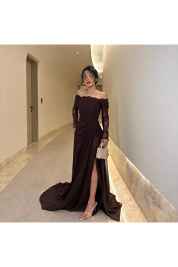 HOOR FASHION فستان سهر بني ناعم ودانتيل