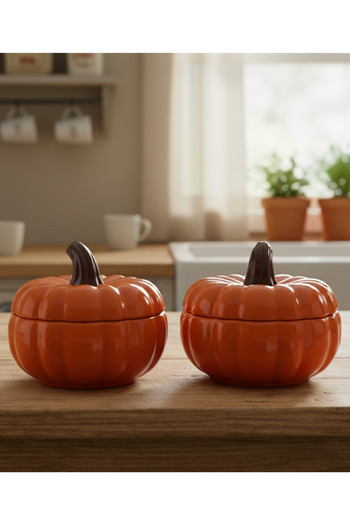 Minole Set of 2 Handmade Orange Ceramic Pumpkin Jar Storage Container, Decorative - Brown Handle