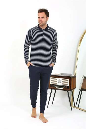 emosavm Fashion Men's Polo Neck Long Sleeve Combed Cotton Pajama Set Navy Blue