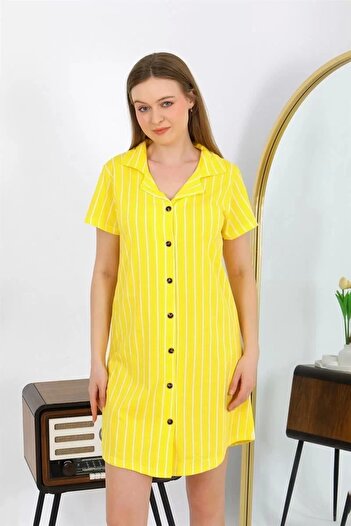 emosavm Fashion Women's Cotton Combed Short Sleeve Buttoned Yellow Tunic Nightgown