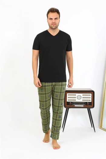 emosavm Fashion Men's Plaid Pattern Combed Cotton Single Bottom Pajamas Khaki