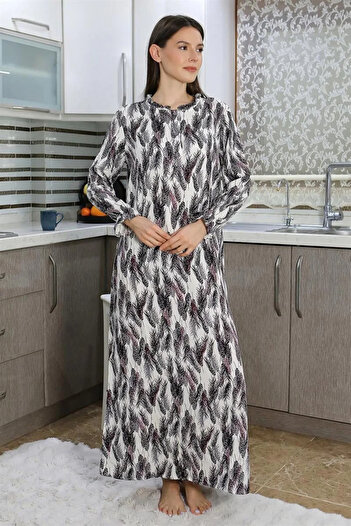 emosavm Fashion Women's Long Sleeve Combed Cotton Nightgown Home Dress Purple