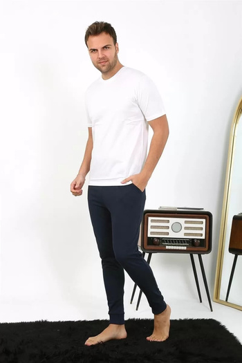 emosavm Fashion Men's Cotton Single Bottom Pajamas Navy Blue
