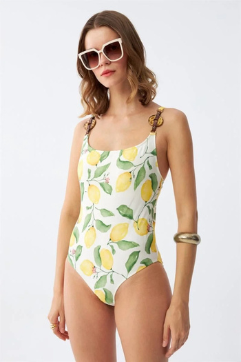 emosavm Fashion Women's Lemon Patterned Accessory Strap One-Piece Swimsuit – Ecru