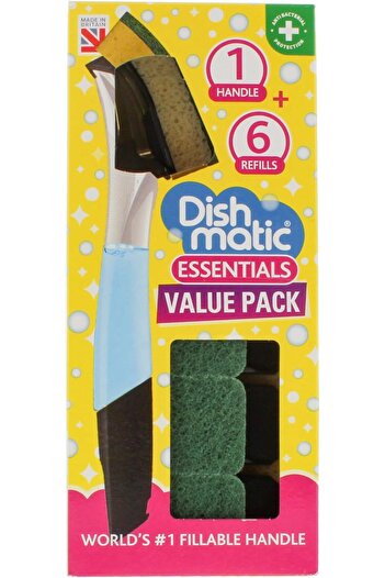 Dishmatic Value Pack Set – Refillable Dish Soap Dispenser Handle with 6 General Purpose Sponge Hea