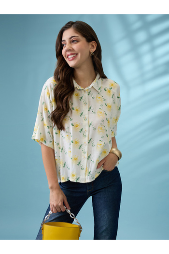 Globus By Styli Off White Floral Print Relaxed Fit Shirt