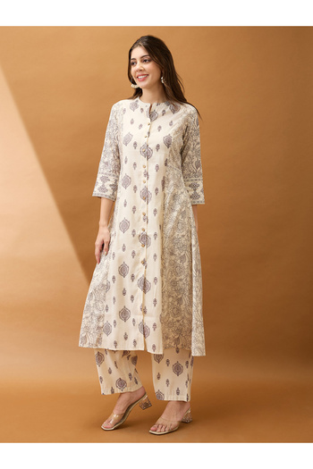 Globus By Styli Beige Ethnic Print A-Line Kurta and Straight Pants Set
