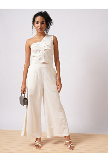 Globus By Styli White One Shoulder Crop Top and Trousers Co-Ords